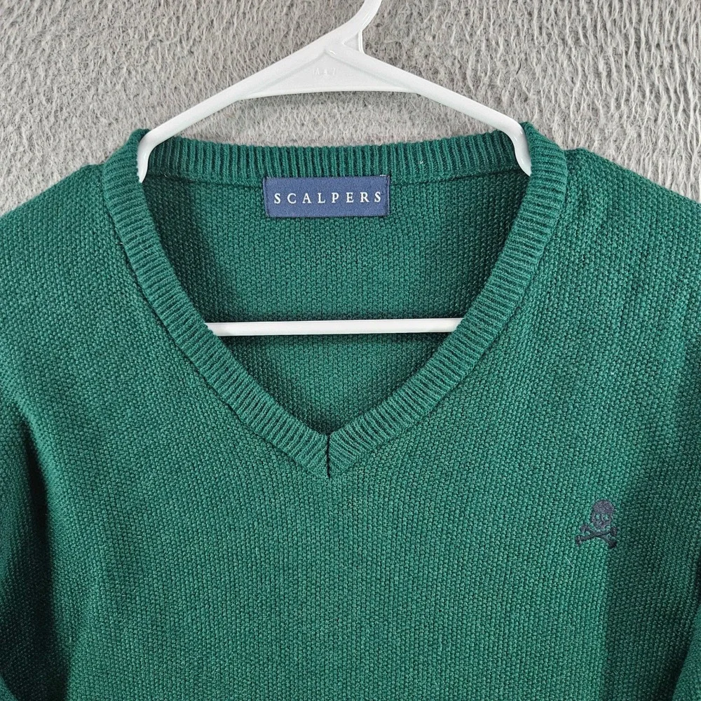 Scalpers Mens Green V-Neck Textured Knit Skull Logo Pullover Sweater Size Large
